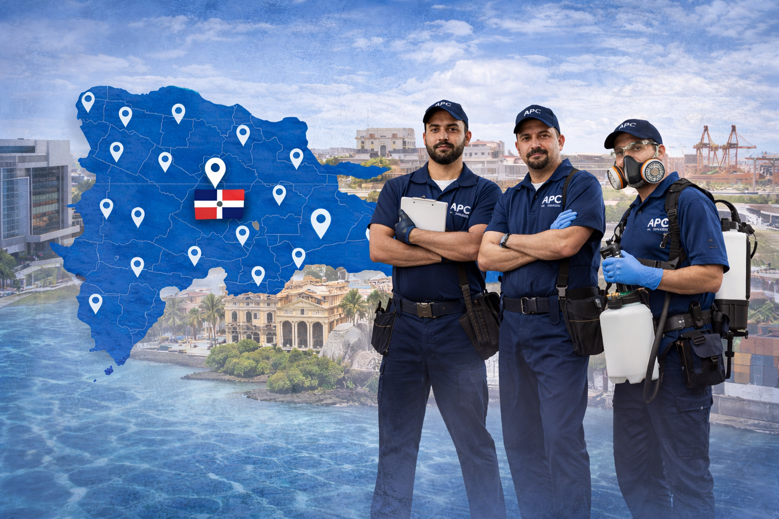 Equipo técnico de control de plagas con cobertura nacional en República Dominicana, representando atención estandarizada en múltiples ubicaciones.