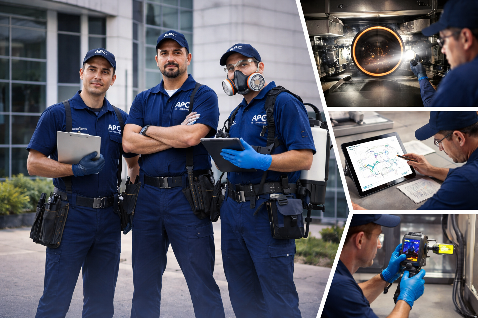 Equipo técnico especializado en control profesional de plagas realizando inspecciones avanzadas, monitoreo y documentación en entornos empresariales