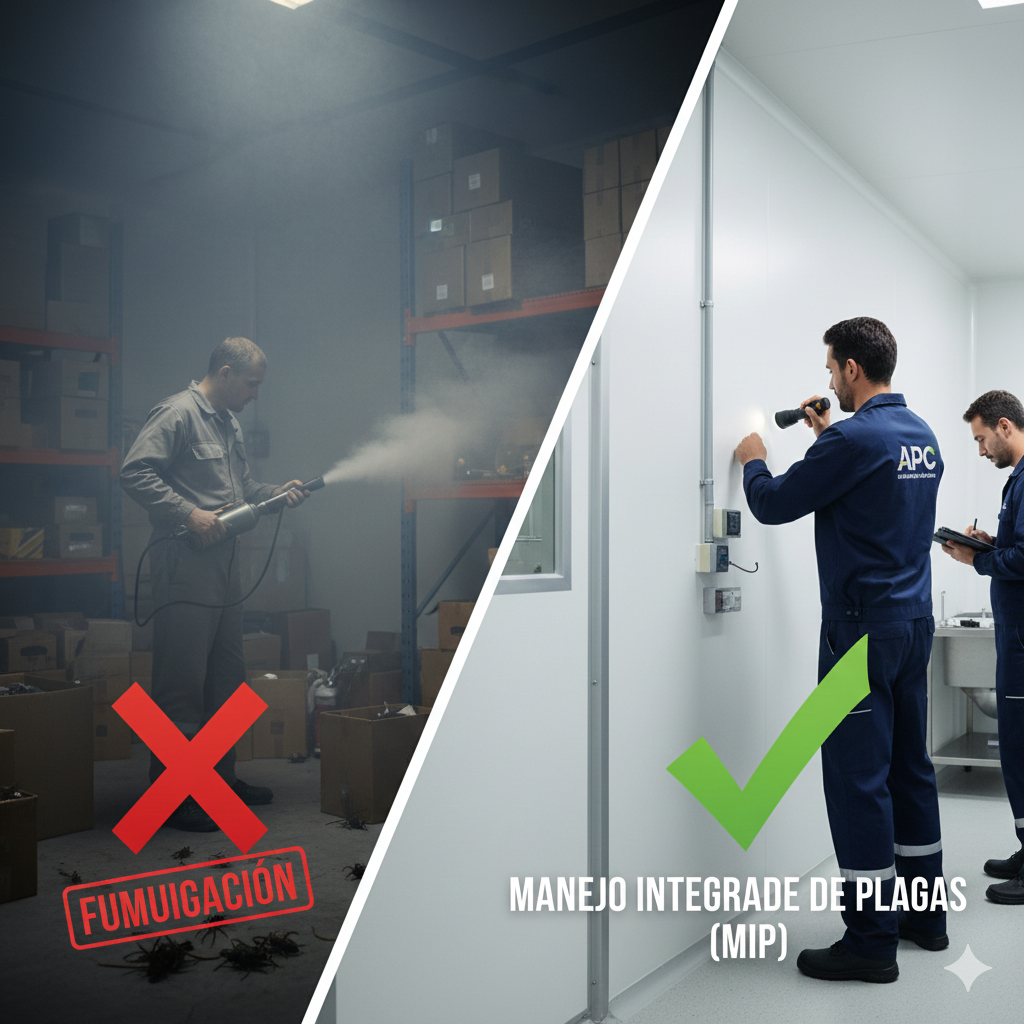 Especialista técnico de APC realizando una inspección de exclusión en una instalación industrial moderna, utilizando linterna profesional y tablet para documentar puntos críticos de control de plagas