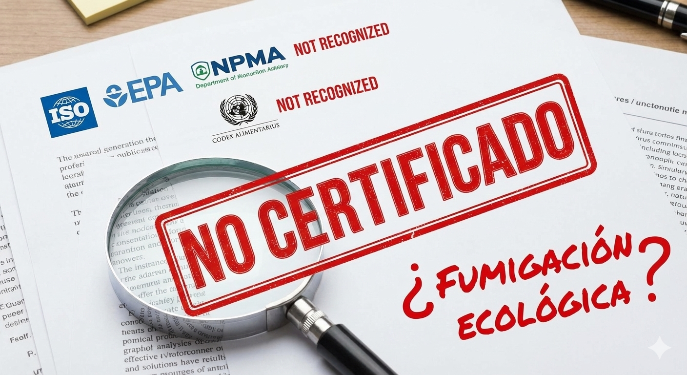 Primer plano de documentos con logotipos de ISO, EPA, NPMA y Codex Alimentarius marcados con sellos rojos de "NOT RECOGNIZED". Una lupa resalta un gran sello rojo que dice "NO CERTIFICADO" sobre el texto "¿FUMIGACIÓN ECOLÓGICA?"