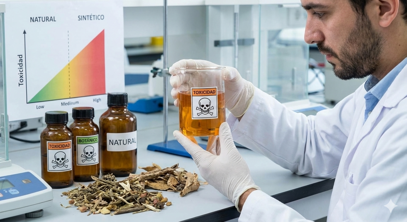 Científico en un laboratorio con bata y guantes, sosteniendo un vaso de precipitados con un líquido ámbar y una etiqueta de peligro con calavera que dice "TOXICIDAD". En la mesa hay hierbas secas, botellas etiquetadas como "BOTÁNICO" y "NATURAL", y una gráfica de toxicidad al fondo