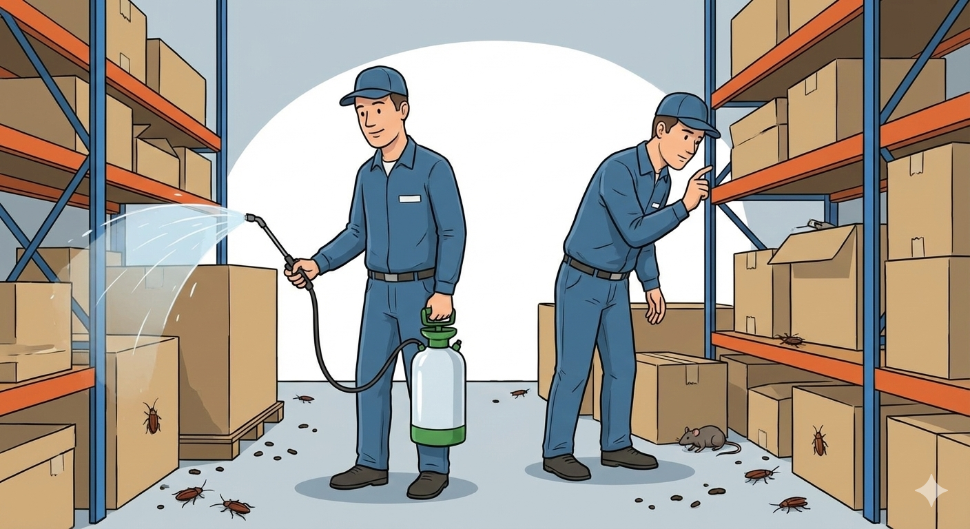 Ilustración de dos técnicos de plagas realizando un trabajo deficiente en un almacén sucio. Uno aplica un spray genérico al aire sin apuntar, y el otro hace una inspección superficial mientras se ven cucarachas y roedores activos en el suelo y estanterías
