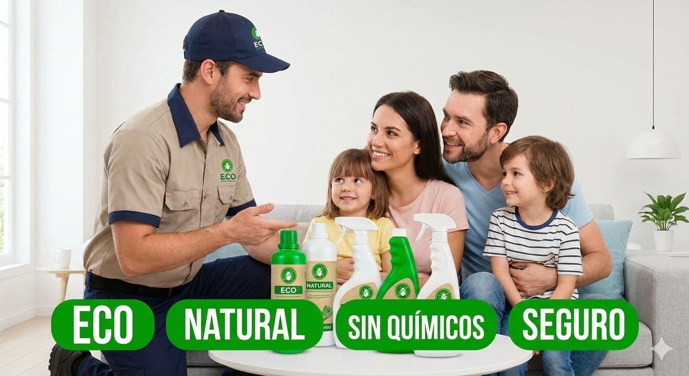 Técnico de control de plagas sonriente mostrando productos de limpieza con etiquetas verdes grandes que dicen "ECO", "NATURAL" y "SIN QUÍMICOS" a una familia feliz (padres y dos hijos) en la sala de su hogar